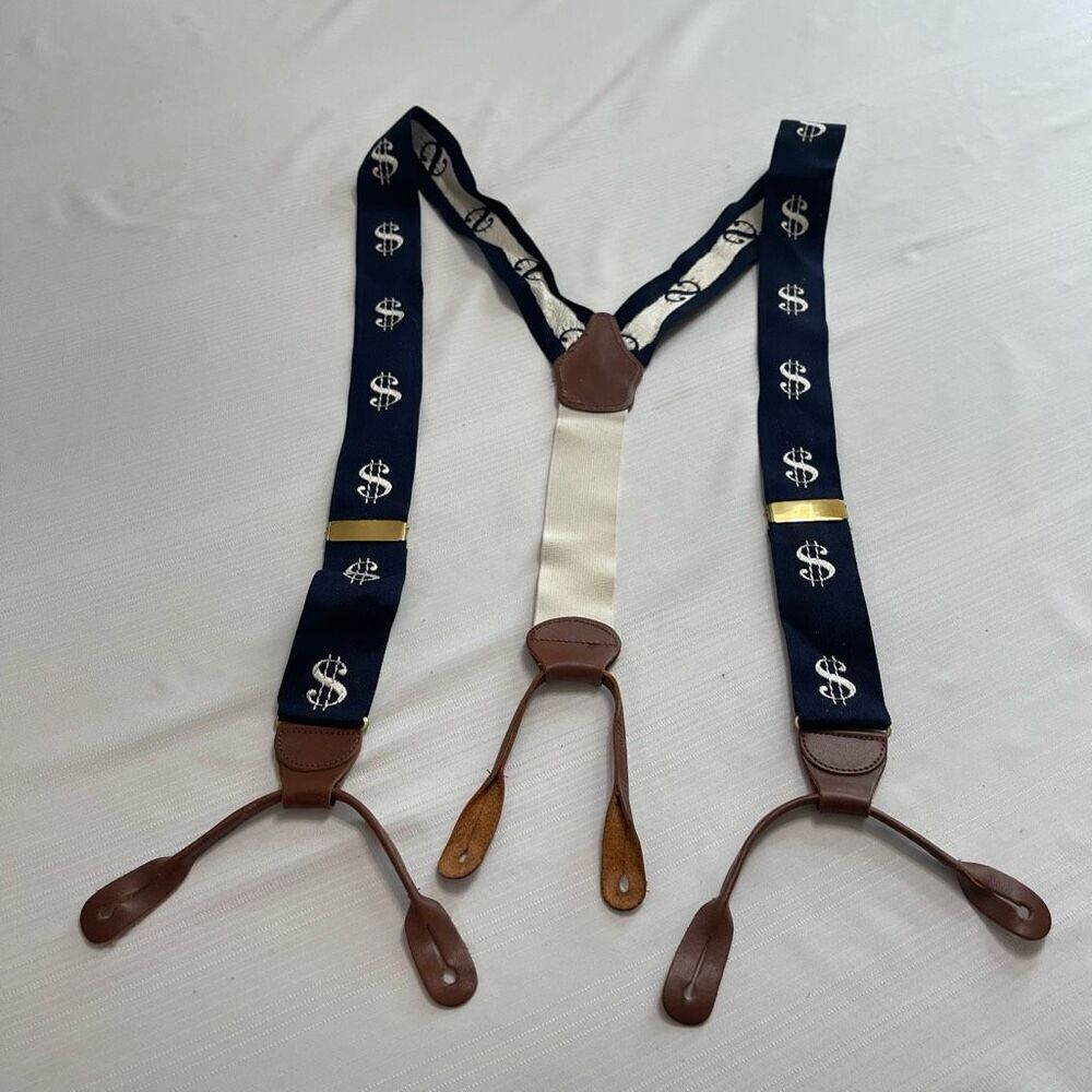 Dooney & Bourke VTG Navy Embroidered Dollar Sign Money Leather Tab Suspenders